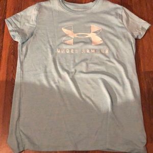 light blue breathe able under armor shirt